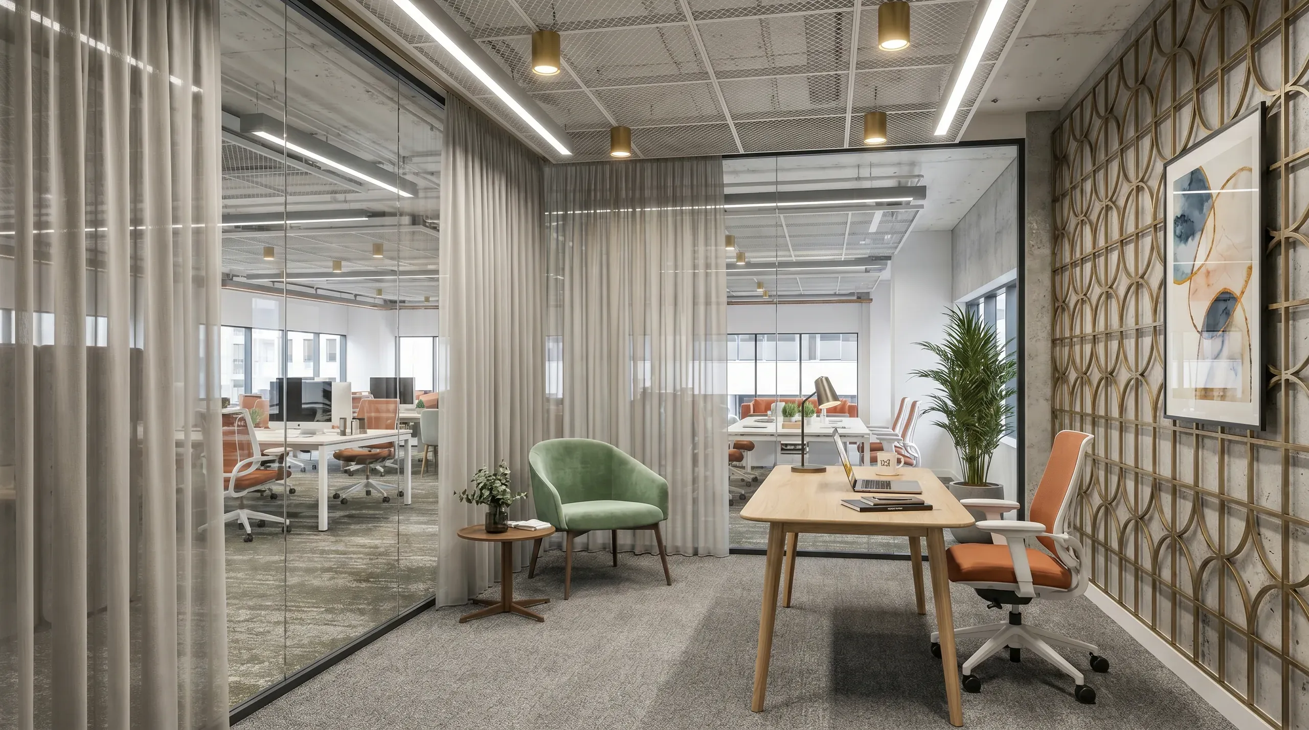 Modern office interior with glass partitions, green chair, wooden desk, orange office chairs, striped curtains, and open-plan workspace layout.