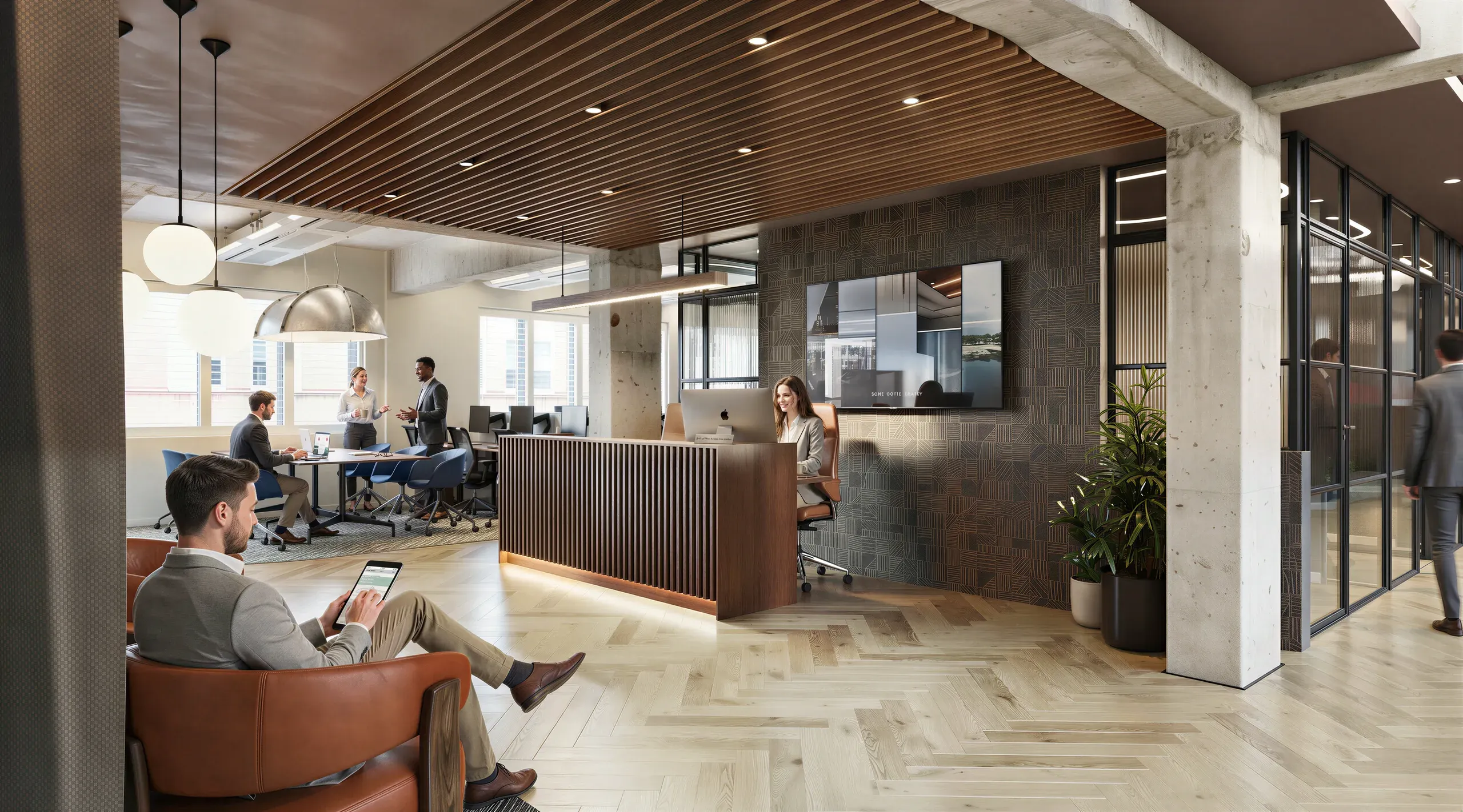 Modern office lobby with wooden ceiling, reception desk, glass partitions, lounge seating, and professional staff interacting in an open floor plan.