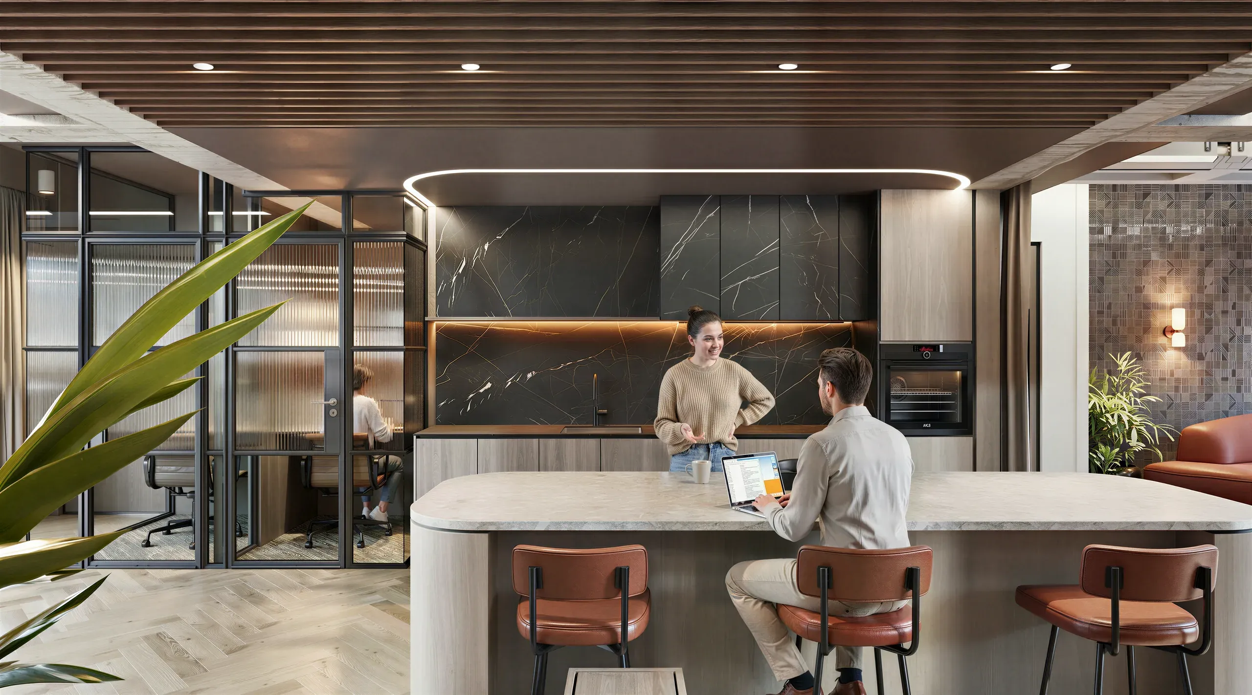 Modern office kitchen with two people at counter, marble backsplash, wooden ceiling, glass-walled meeting room, and contemporary furnishings.