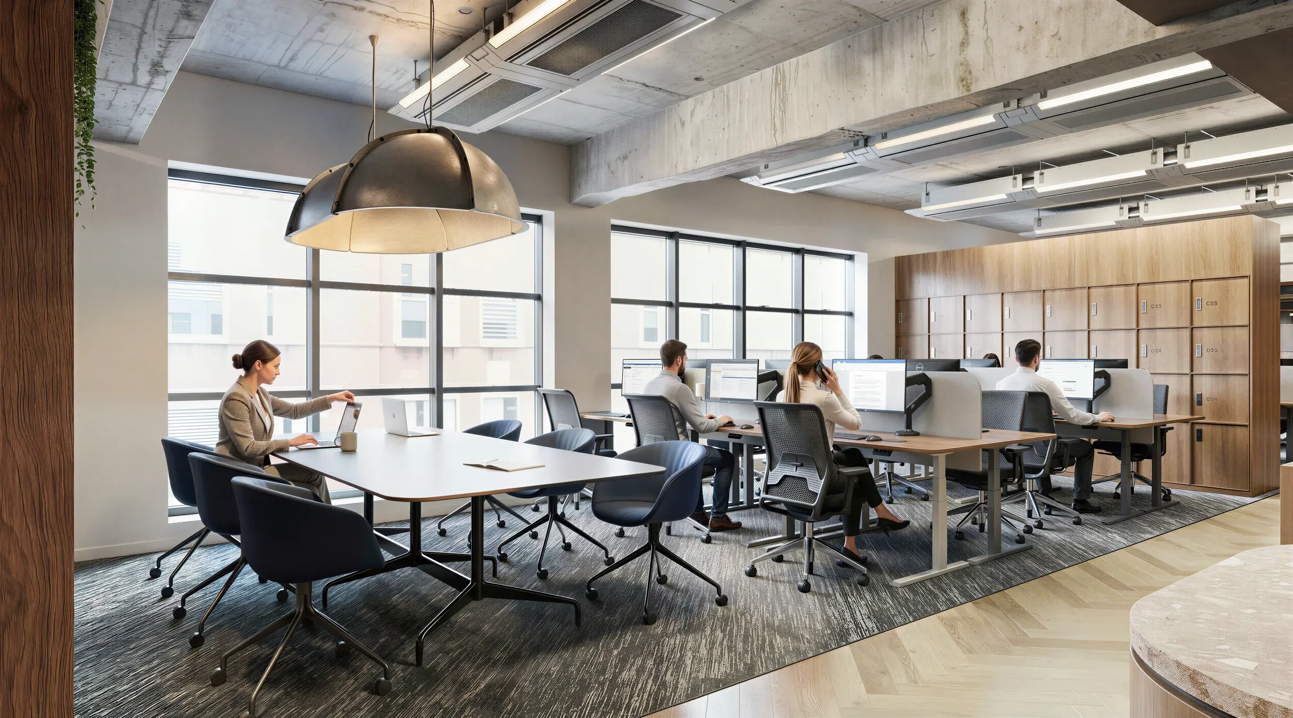 Modern office space with employees working at desks and tables, large windows overlooking city skyline, concrete ceiling, wooden storage units, and pendant lighting.
