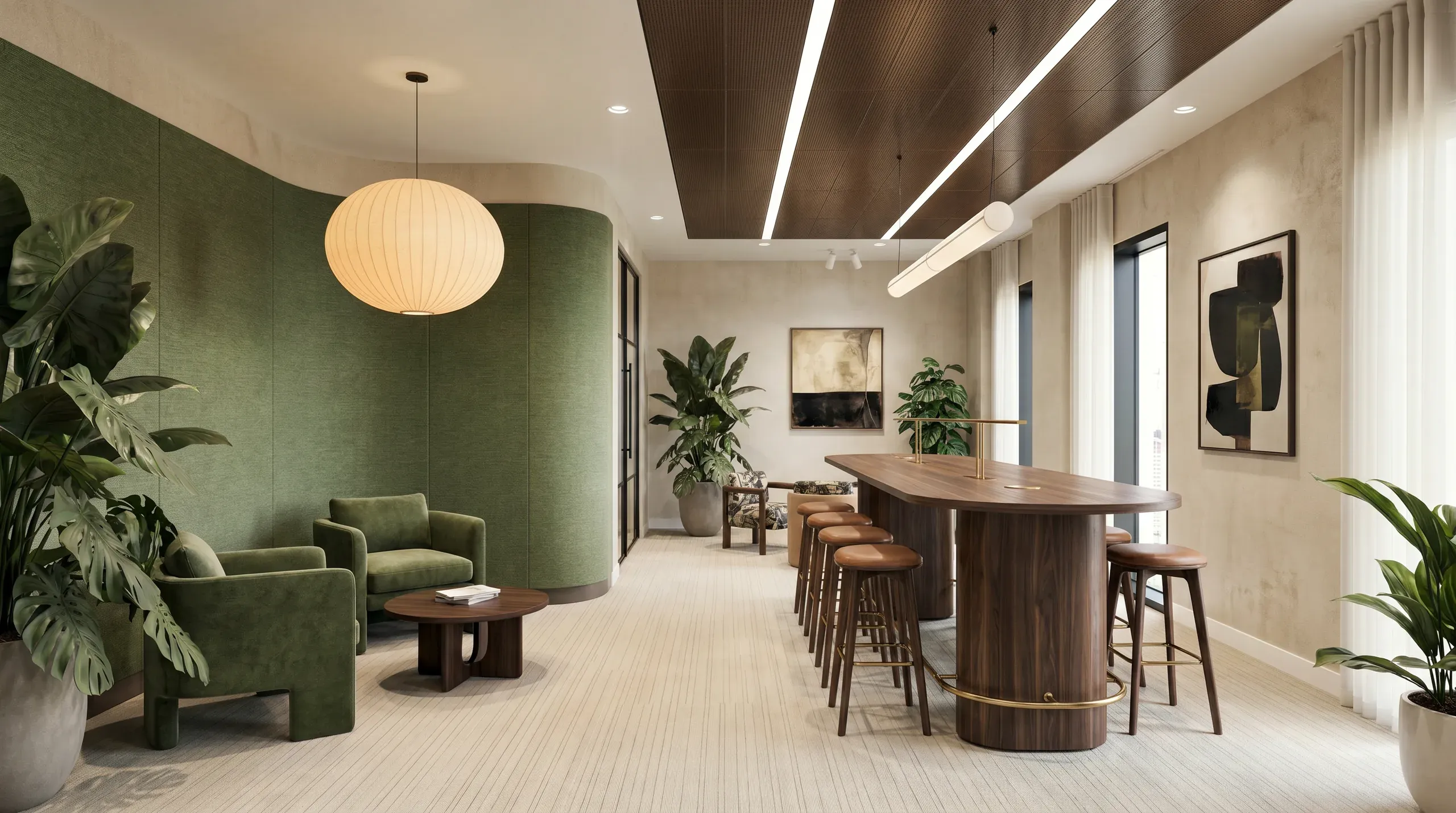 Modern office lounge with green accent wall, curved seating, wooden bar counter, pendant lighting, and potted plants throughout the space.
