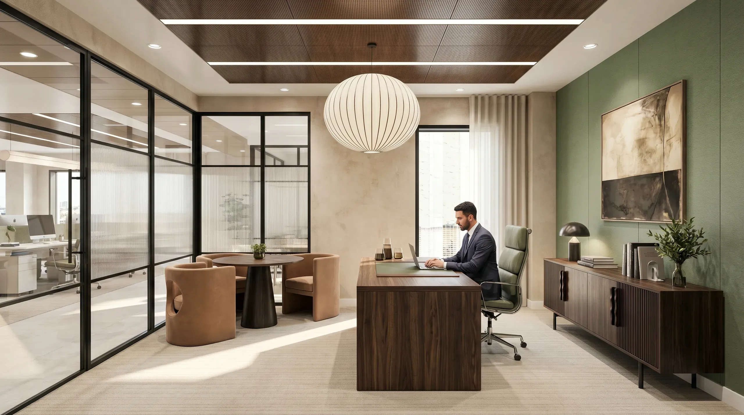 Modern executive office with wood desk, green accent wall, globe pendant light, brown seating area, and glass partition walls with professional businessman working.