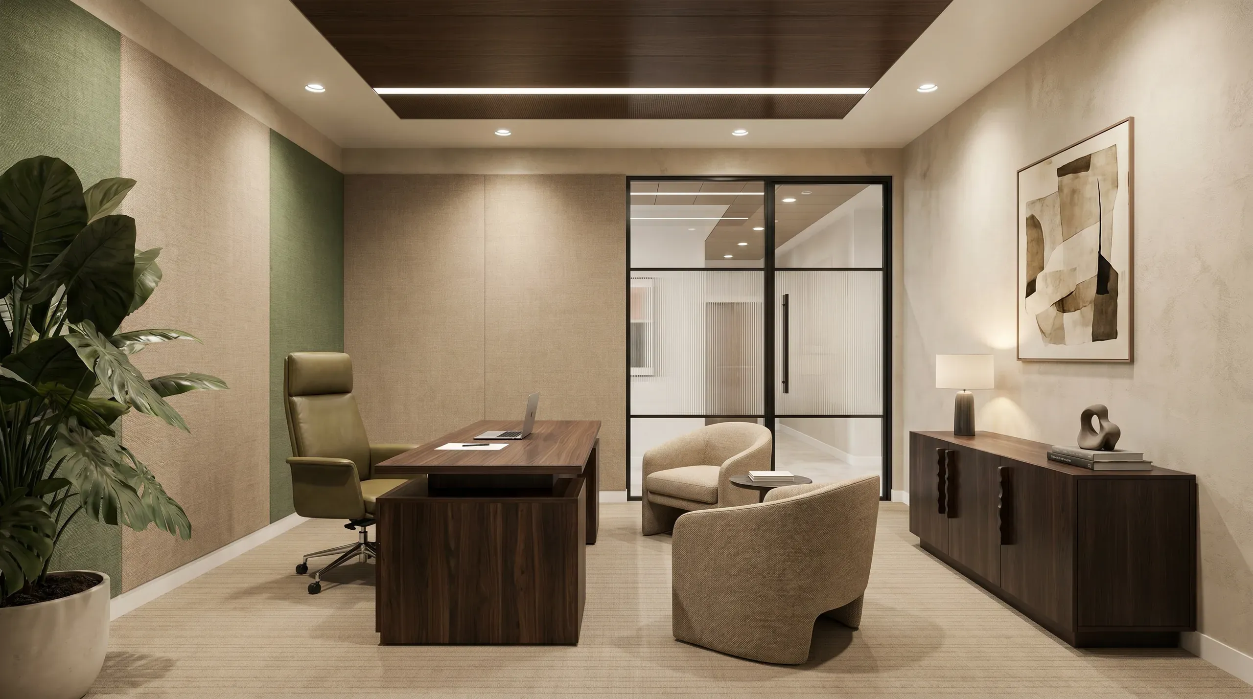 Modern executive office with wood desk, neutral furniture, glass partition, potted plant, and contemporary artwork on beige walls.
