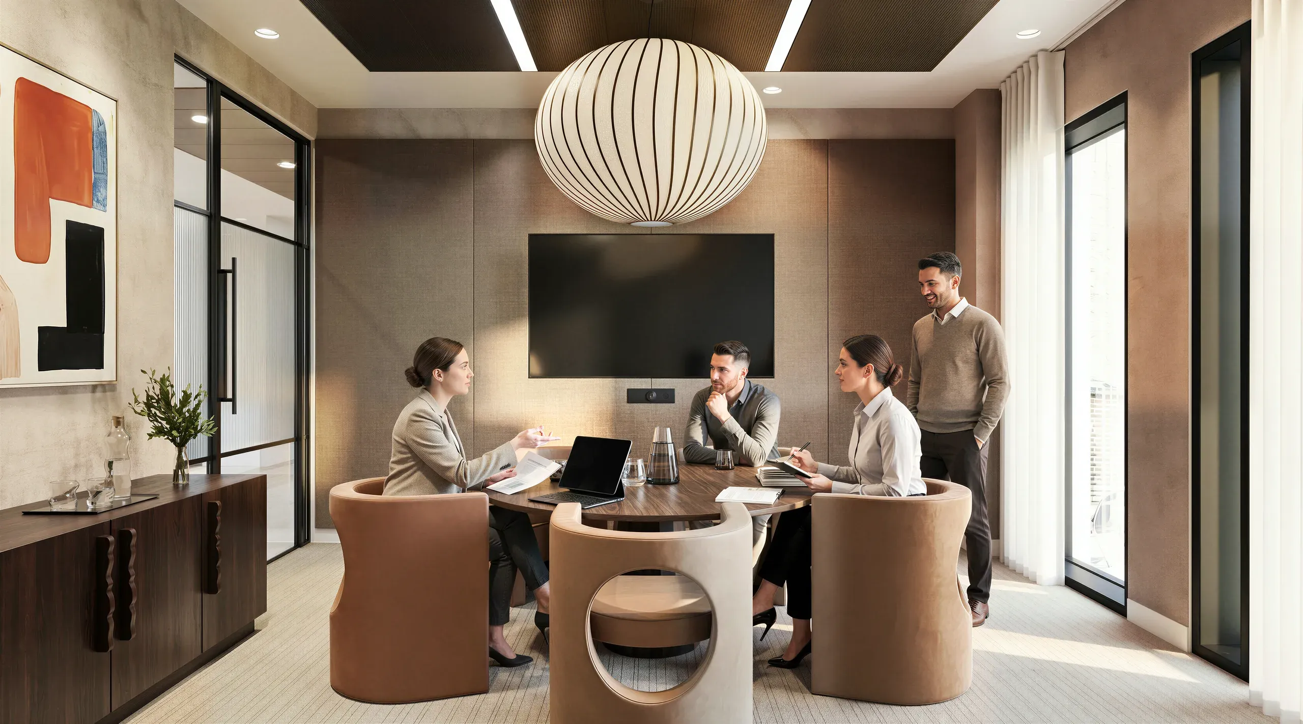 Modern office meeting room with five professionals around a curved table, spherical pendant light, wall-mounted TV, and contemporary neutral décor with large windows.