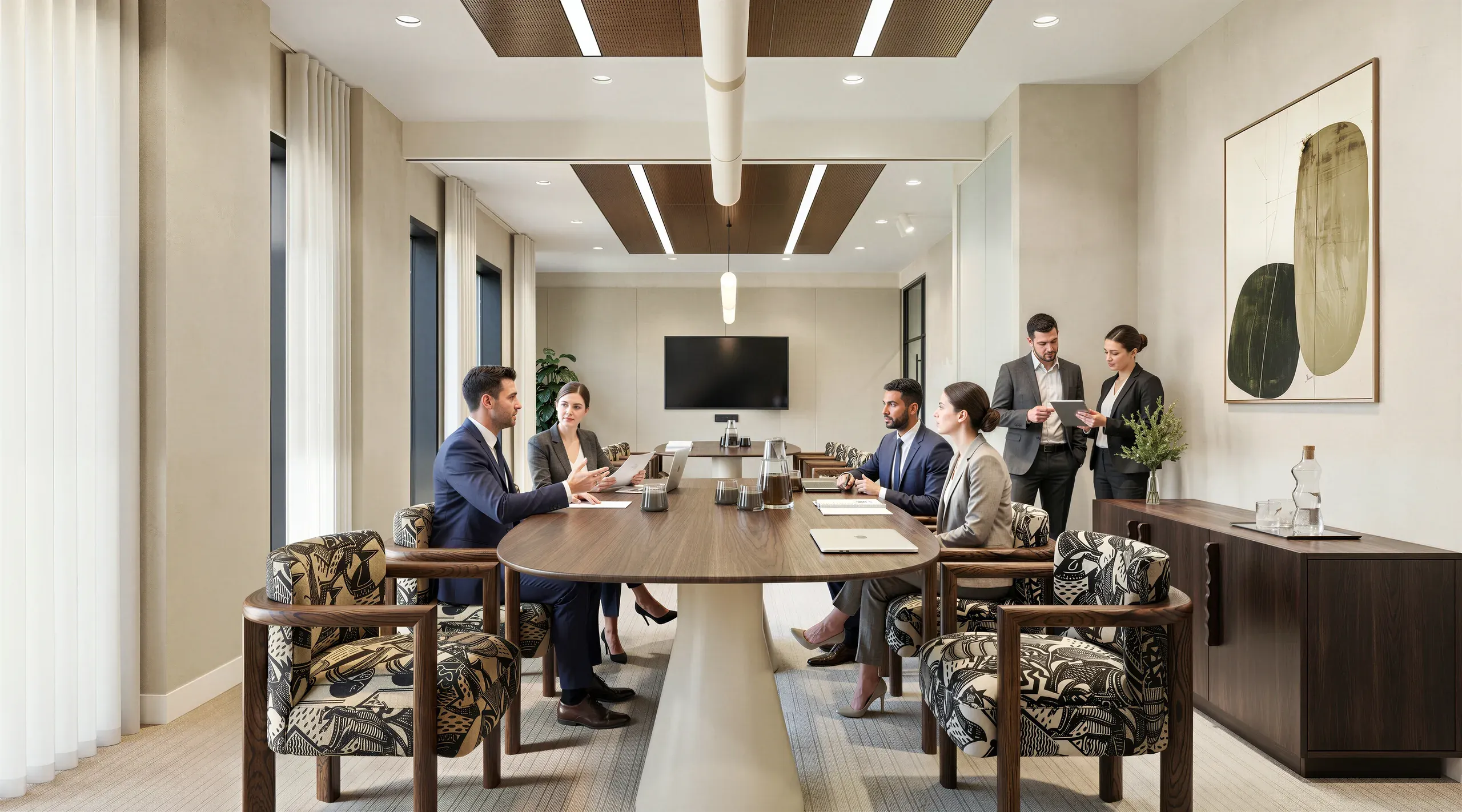 Modern conference room with six professionals in business attire meeting around an oval wooden table, featuring contemporary furnishings and neutral décor.