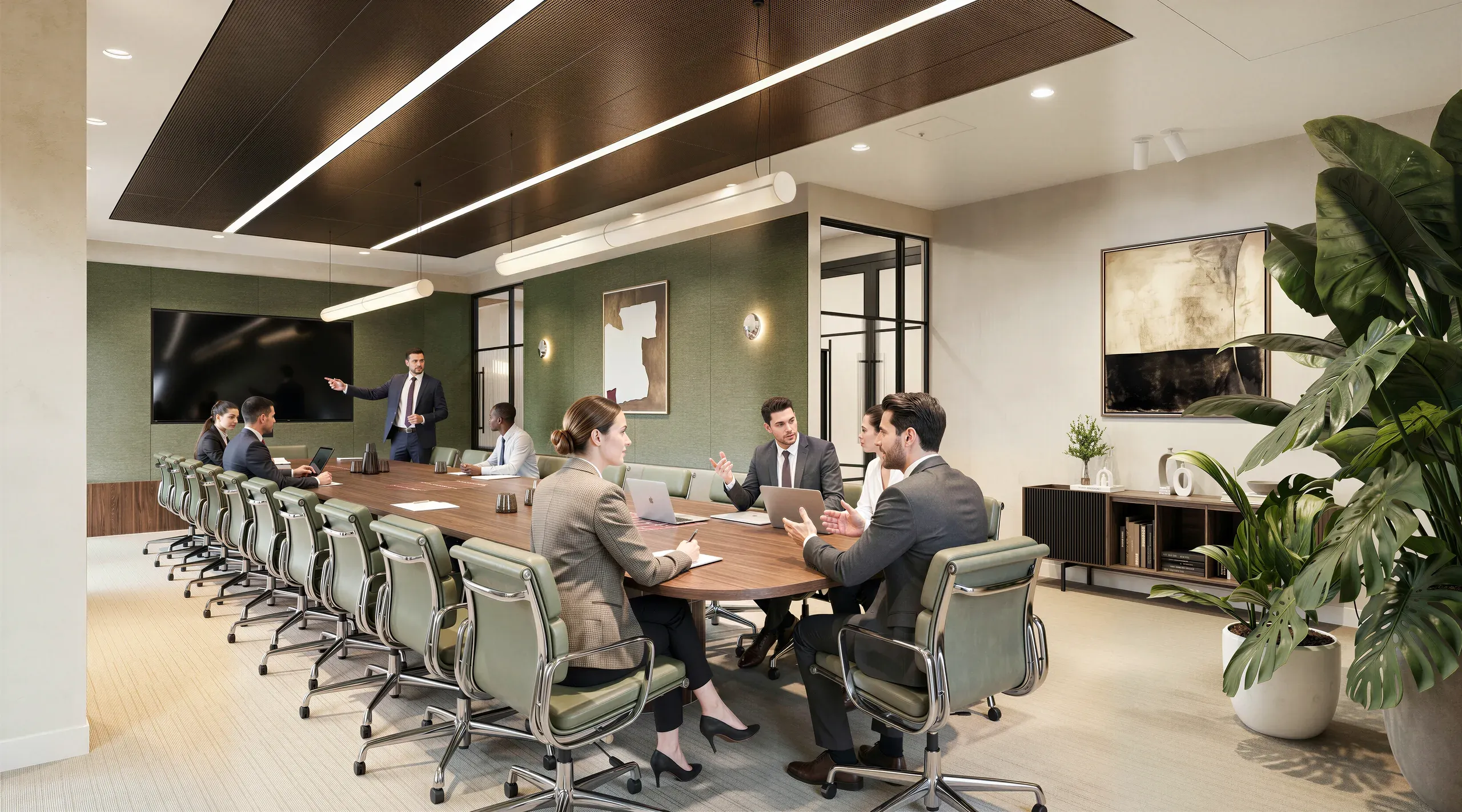 Modern office conference room with professionals in business attire meeting at wooden table, green accent walls, linear ceiling lights, and potted plants.
