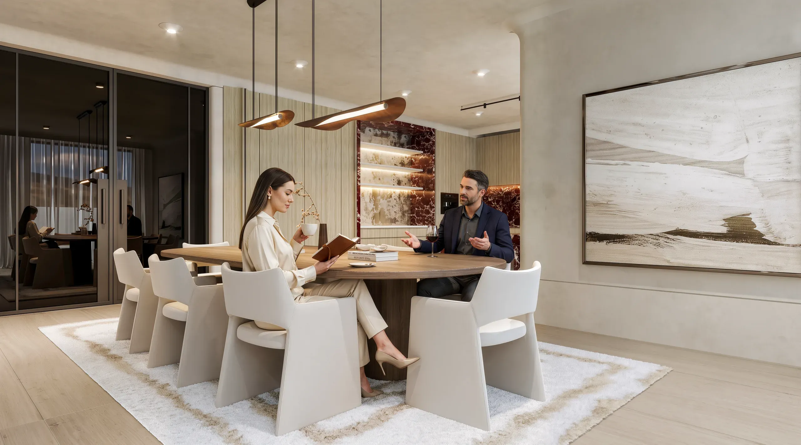Modern office conference room with two professionals at a wooden table, white sculptural chairs, pendant lighting, and minimalist design with warm earth tones.