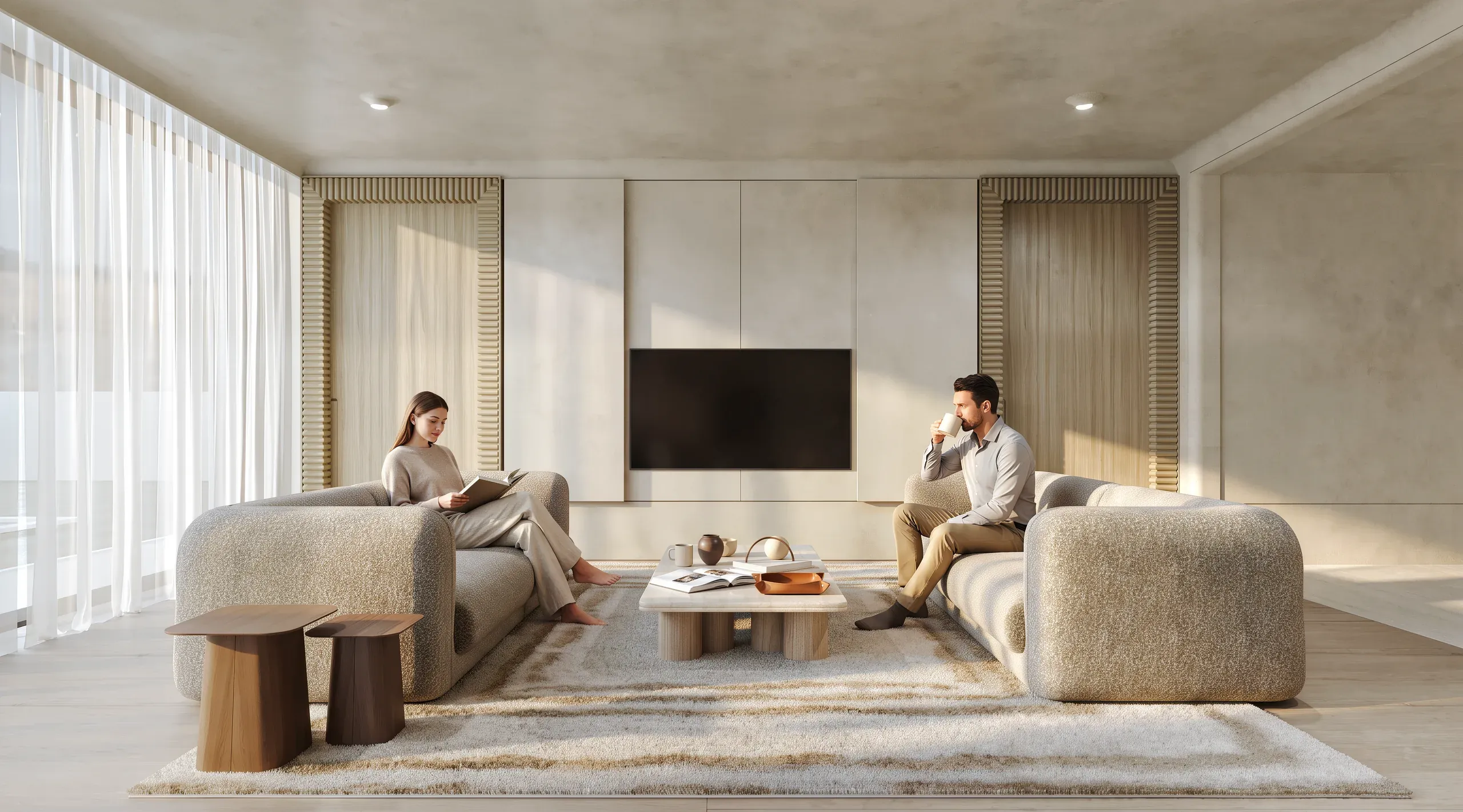 Modern minimalist living room with two people on beige curved sofas, wooden coffee table, wall-mounted TV, and floor-to-ceiling windows with vertical blinds.