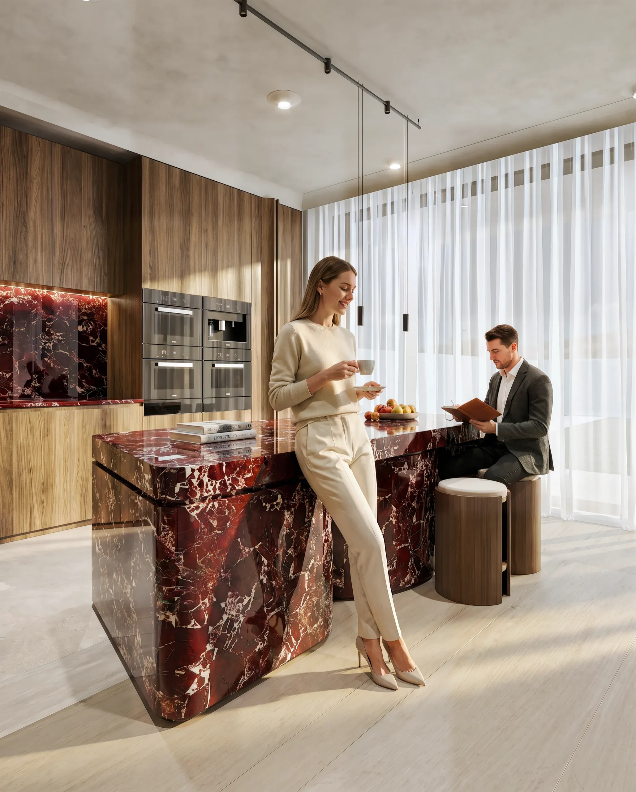Modern kitchen with woman holding coffee cup at burgundy marble island, man seated with tablet, wood cabinetry, and floor-to-ceiling windows with sheer curtains.