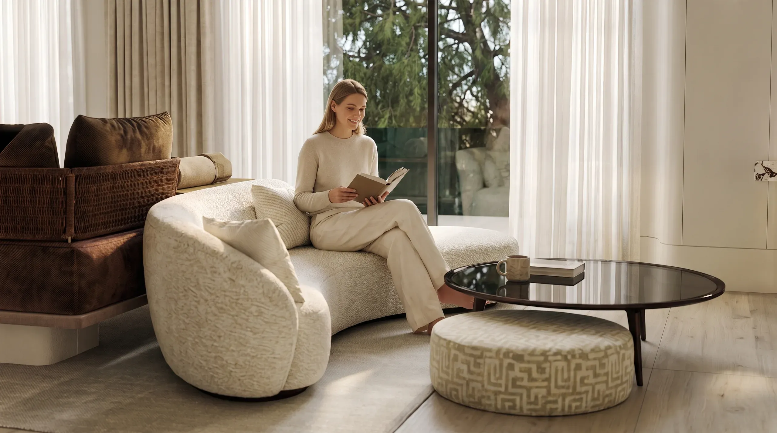 Woman reading a book in a modern living room with cream-colored curved chair, round black table, and large windows overlooking trees.