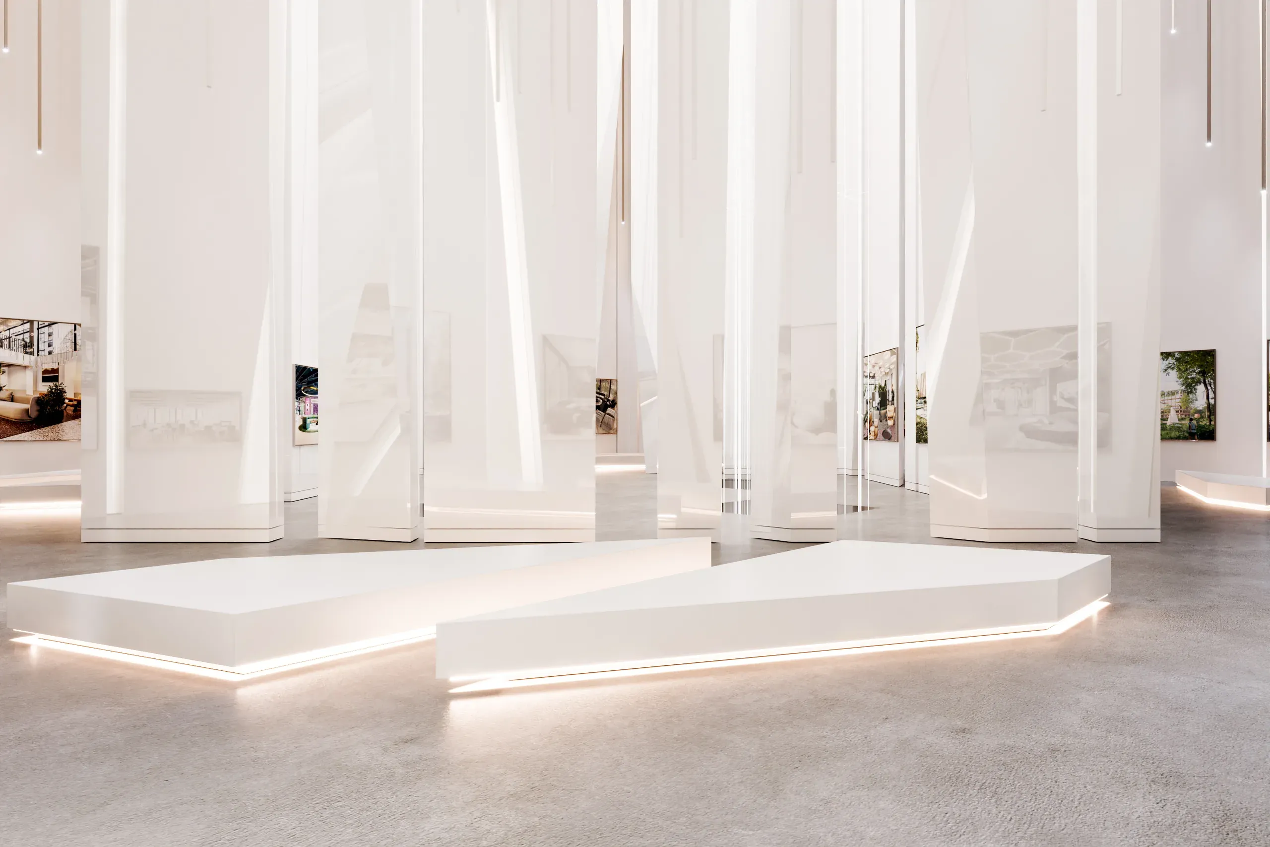 Modern minimalist gallery space with white columns, illuminated platforms, and translucent partition walls displaying architectural renderings.