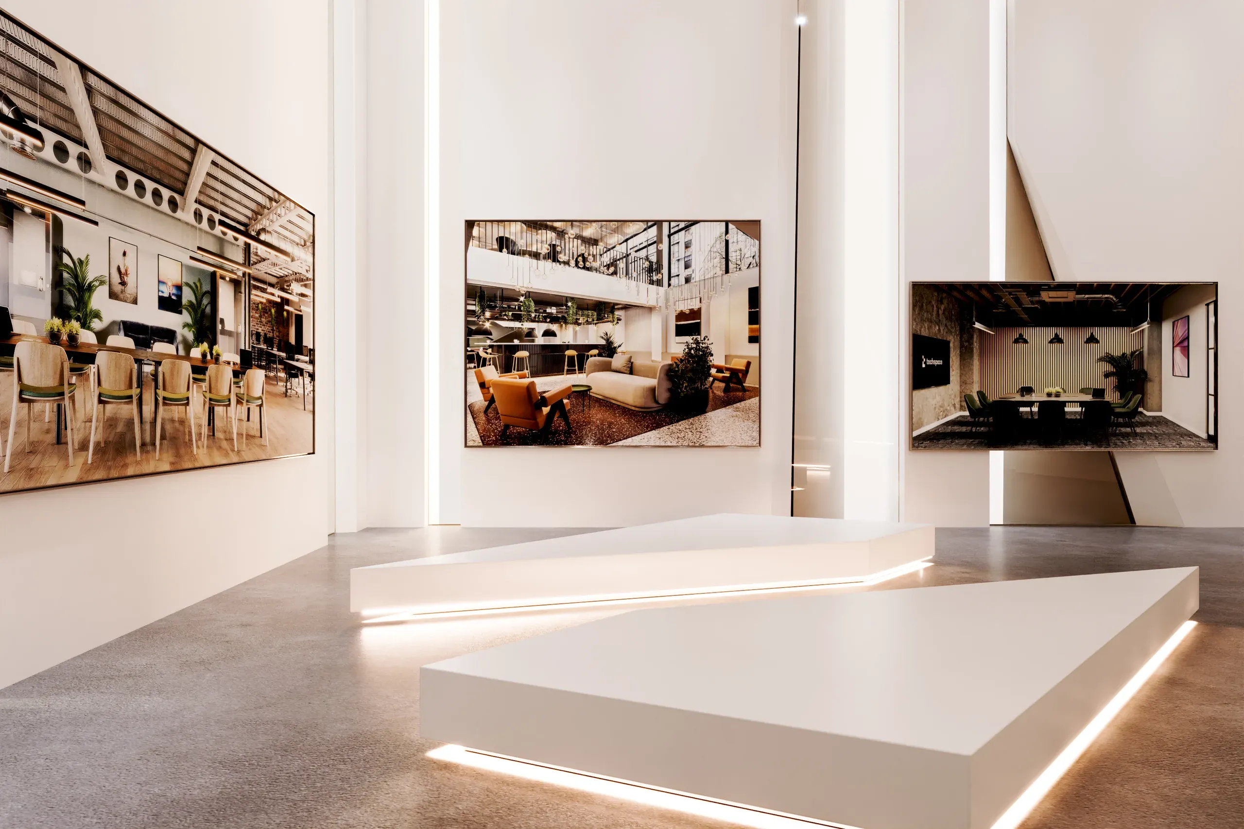 Modern gallery space with illuminated white platforms displaying three framed architectural renderings of interior design concepts on white walls.