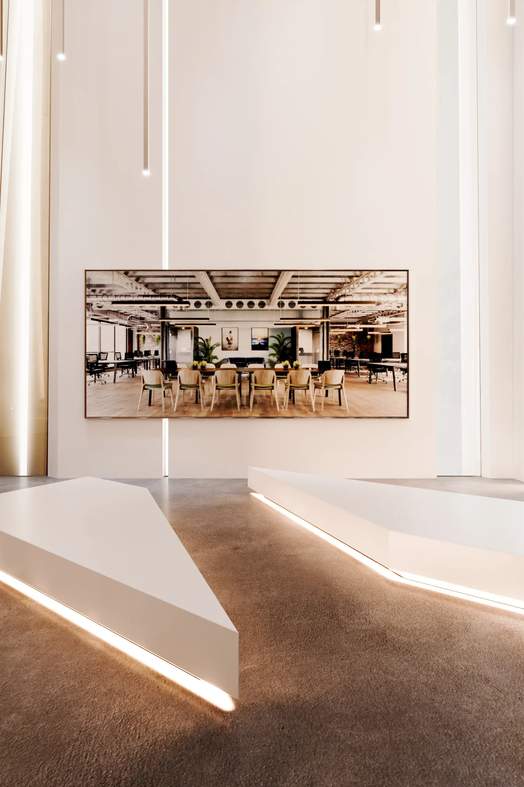 Modern office lobby with illuminated floor strips, white walls, pendant lighting, and a framed photograph of a contemporary conference room with wooden chairs.