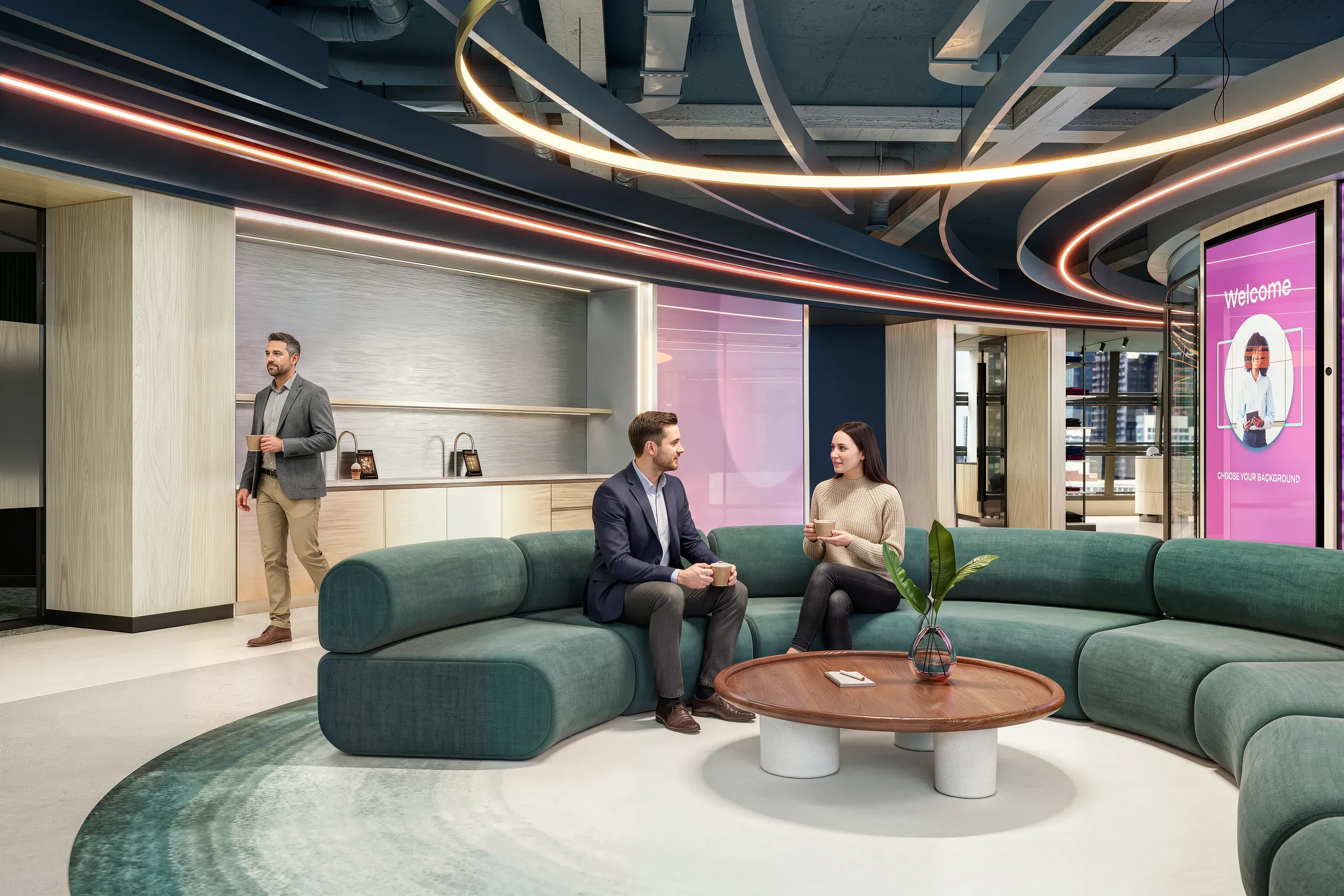Modern office lounge with curved green seating, wooden table, neon lighting, and people conversing in a contemporary workspace.