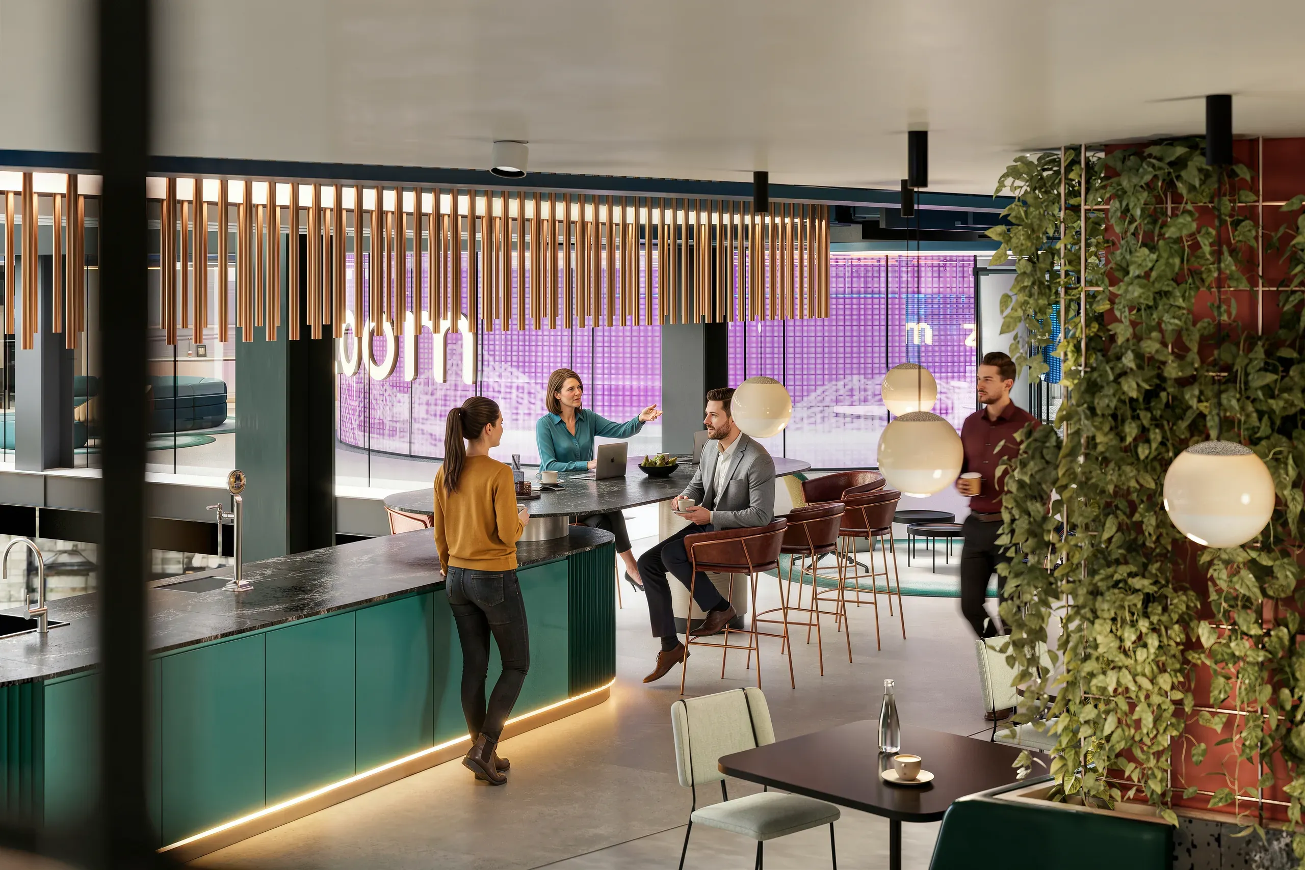 Modern office break room with teal cabinetry, pendant lighting, wooden slat screens, and employees collaborating at a high-top table near floor-to-ceiling windows.