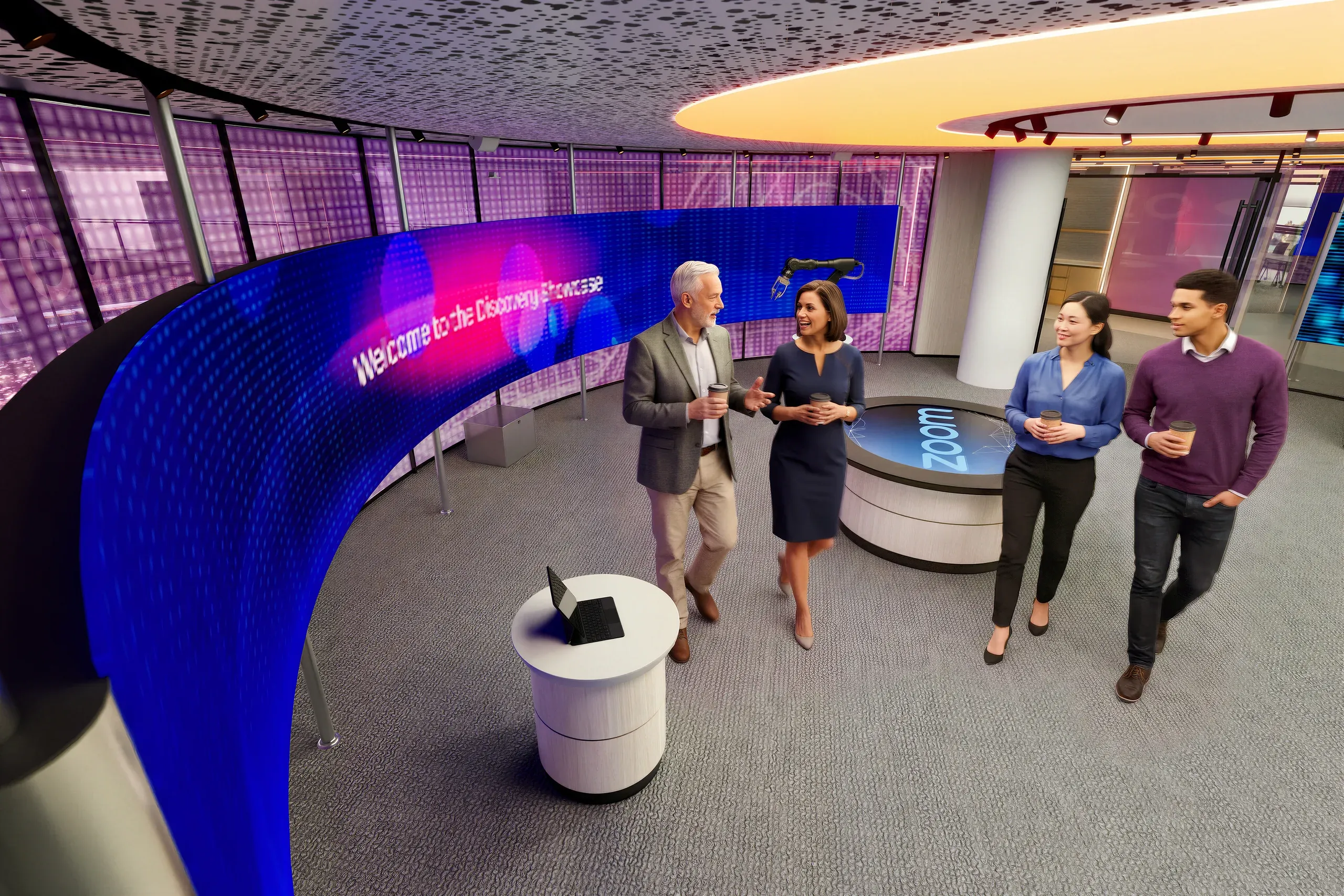 Four professionals having a discussion in a modern, futuristic office space with blue LED displays and curved digital walls showing welcome messages.