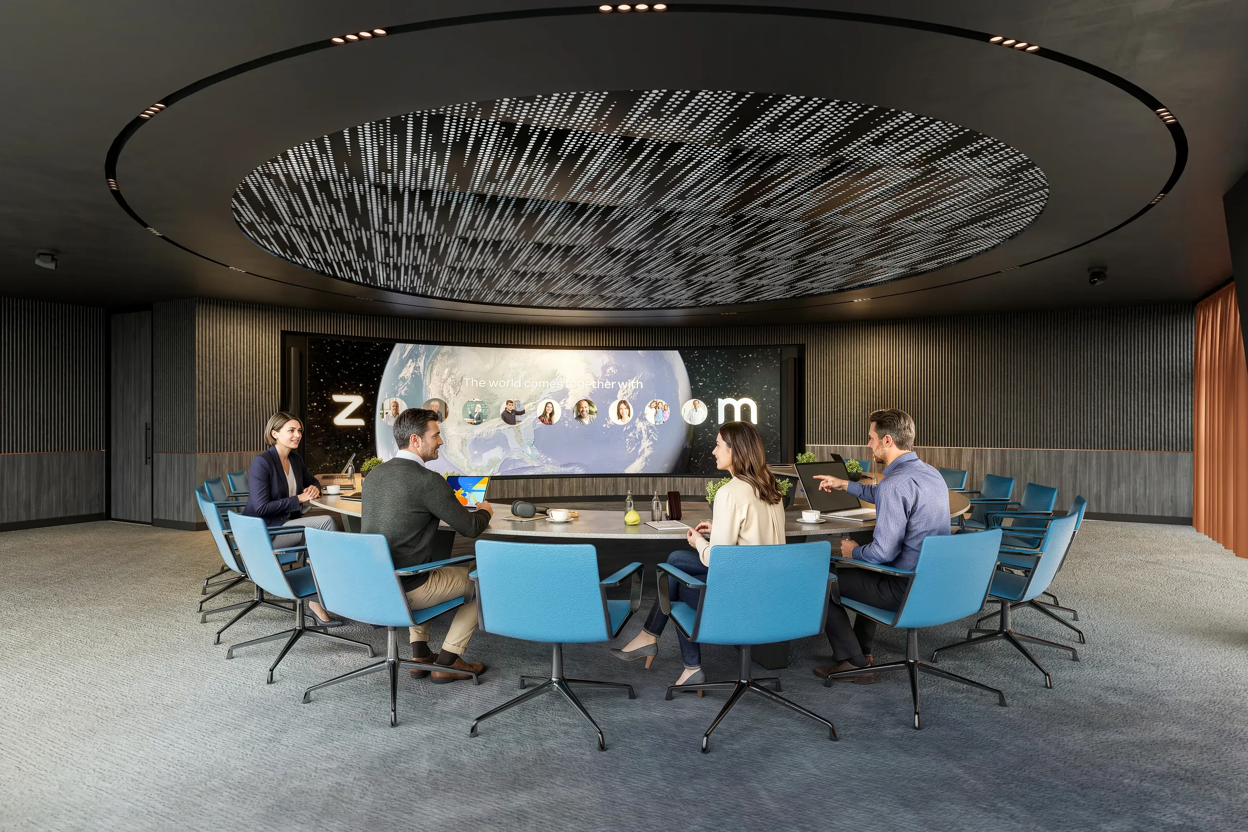 Modern conference room with curved ceiling featuring linear light design, blue chairs around oval table, large display screen showing global video call interface, four people in business meeting.