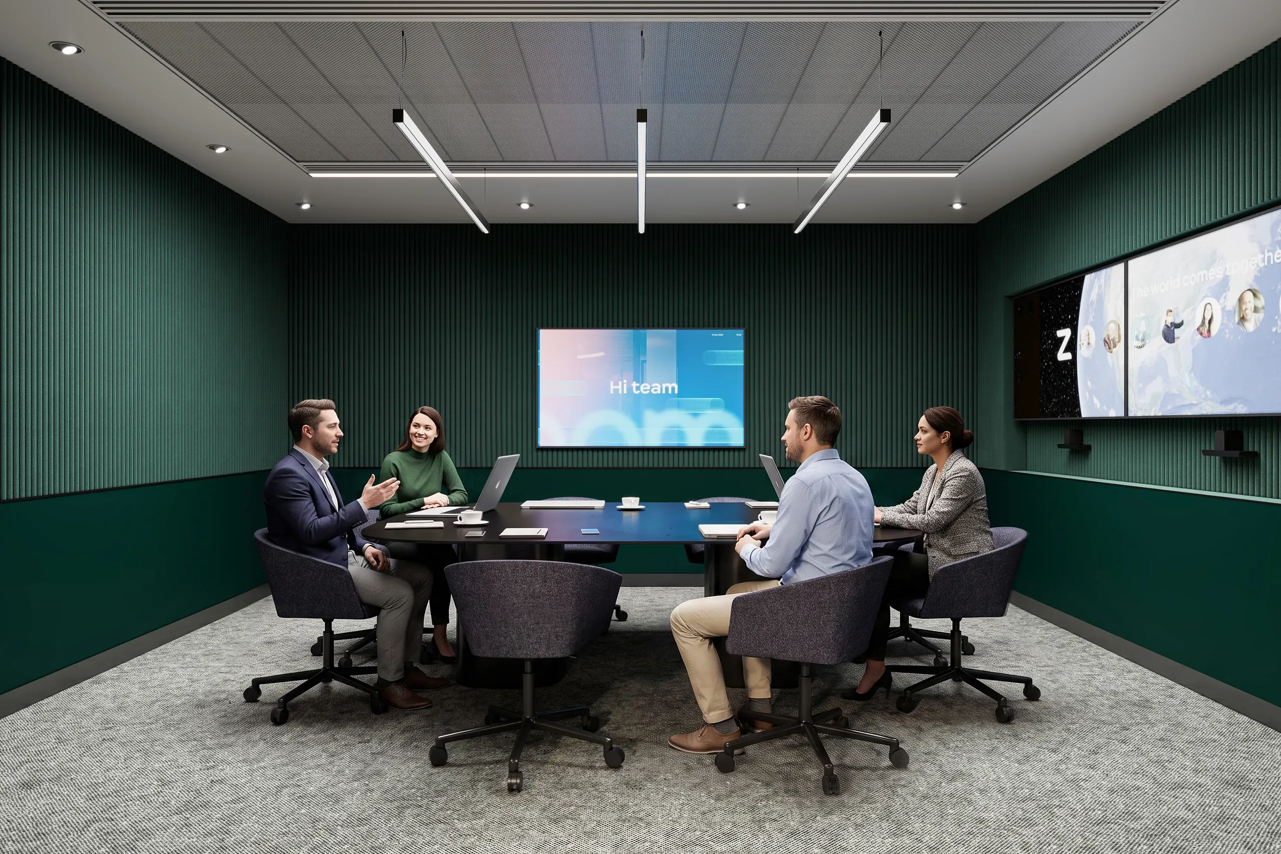 Modern conference room with four professionals seated around a table, green walls, ceiling lights, and displays showing "Hi team" message during a video meeting.