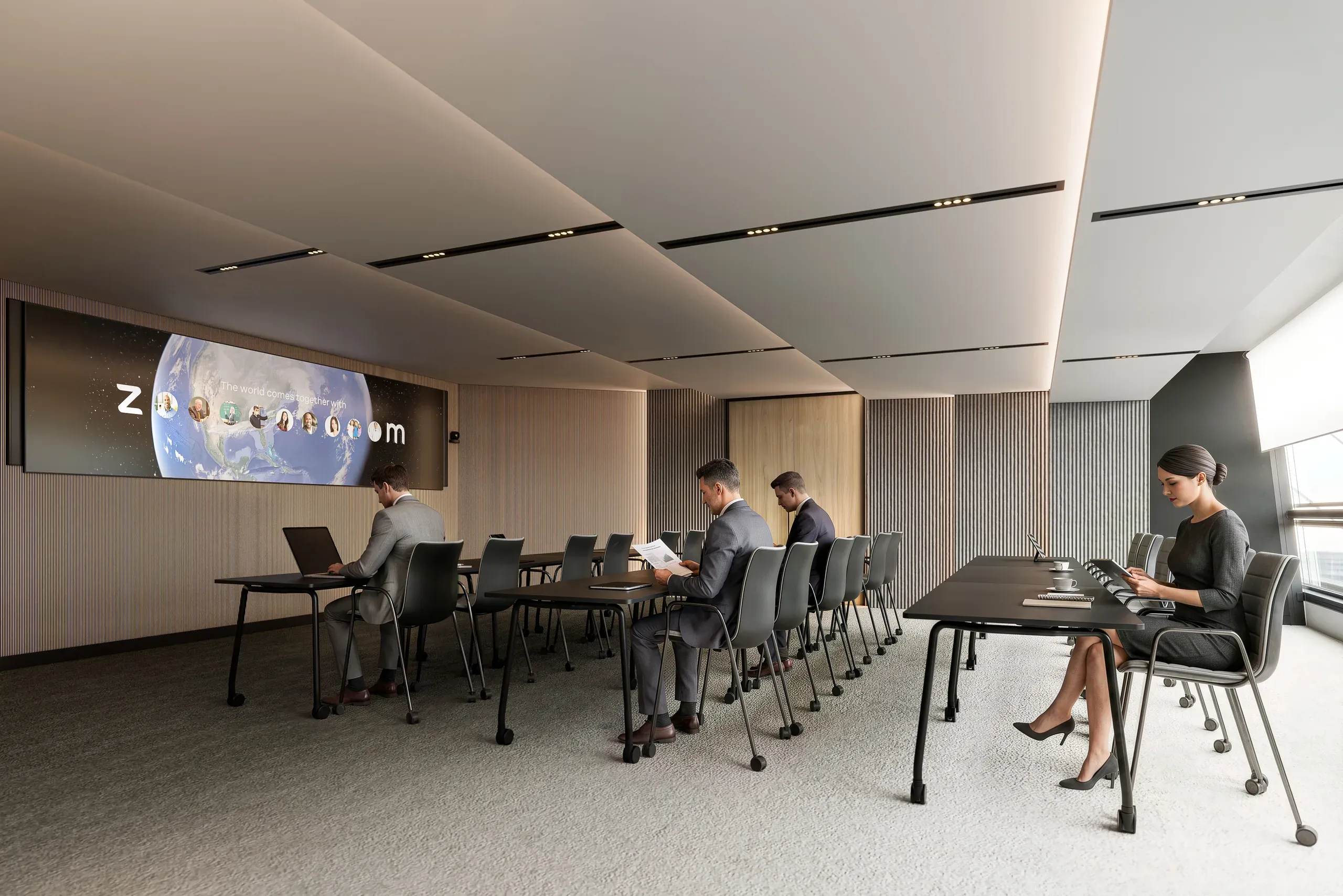 Modern office meeting room with curved ceiling, wood paneling, four professionals seated at tables, and a large display screen showing a global map presentation.